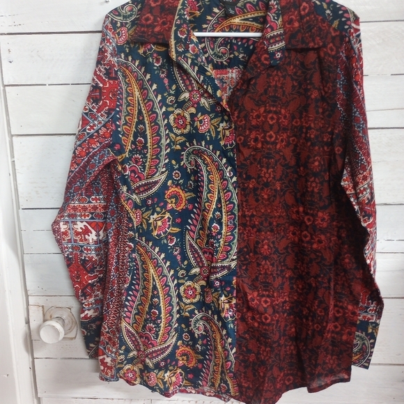 Intro Women's Large Floral Paisley Boho Print Point Collar Long Sleeve Tunic - Picture 9 of 12